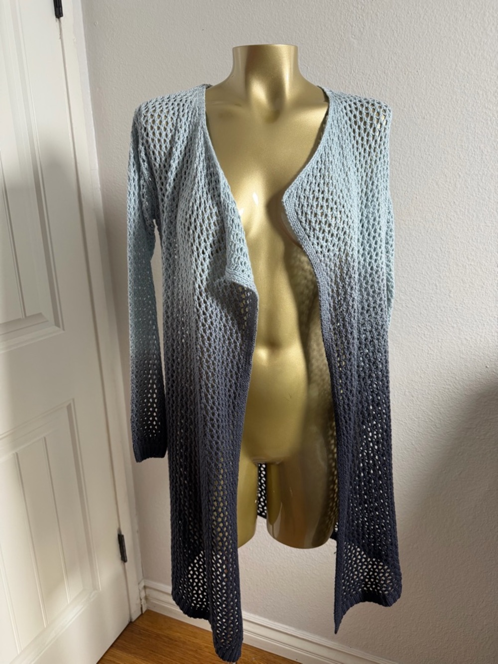 Ombre Open-Knit Long Cardigan Sweater — Light Blue to Navy S